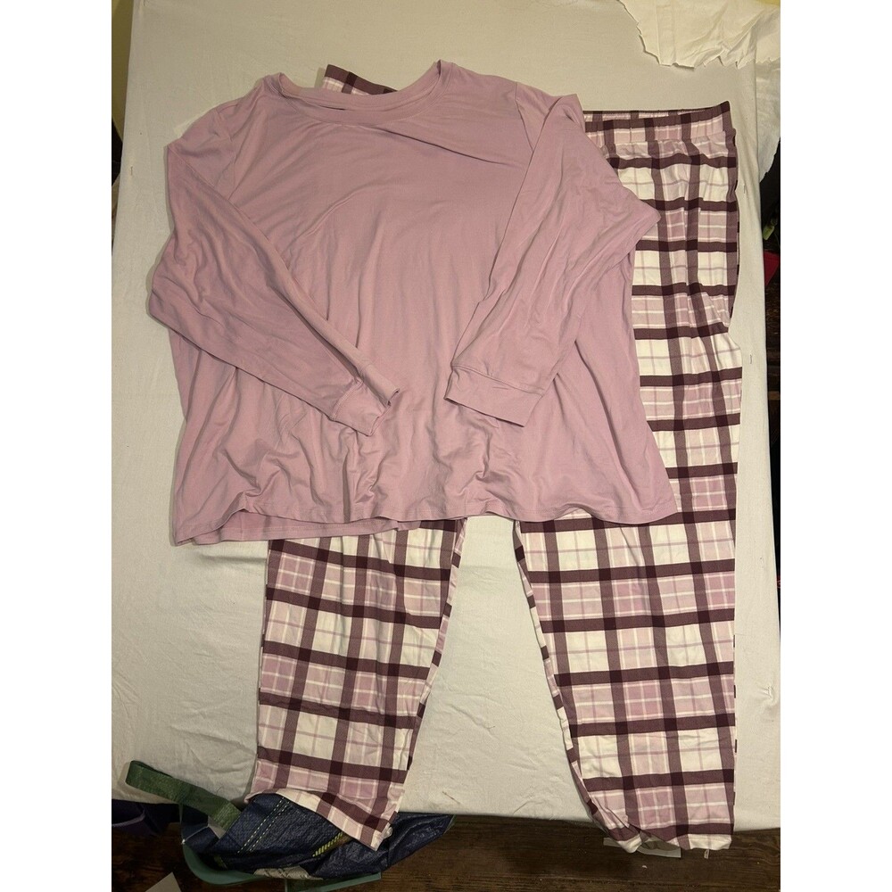 New AnyBody Lush Jersey Lounge Set Drawstring Bag MauveMist/Plaid size 3X PJs